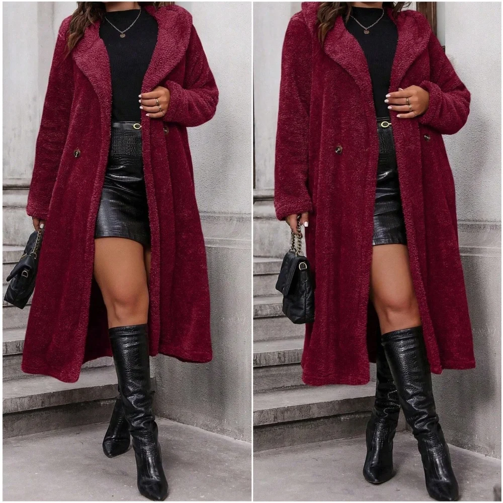 Plus Sherpa Teddy Button Hoodie Long Jacket Coat - Picture 1 of 5